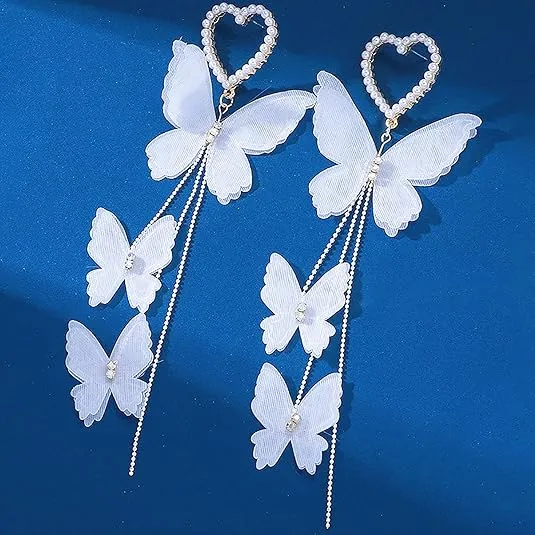 White Butterfly Beaded Heart Earrings for Women Dangle Drop Earrings Cute Earring