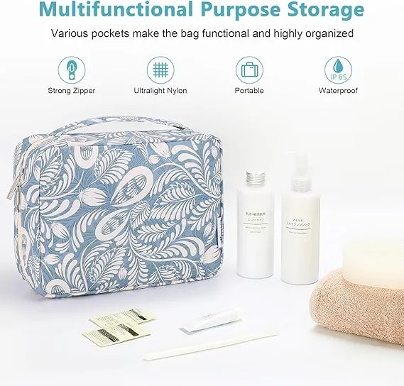 Mossio Hanging Toiletry Bag with Sturdy Hook - Large Portable Cosmetic Makeup Travel Organizer for Men & Women Blue Leaf