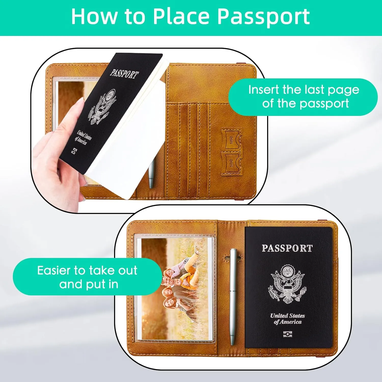 WALNEW Passport Holder for Travel, RFID Passport Cover Wallet for Women Men, PU Leather Passport Book Card Holder Case with Pen, Travelling Essentials for Flying