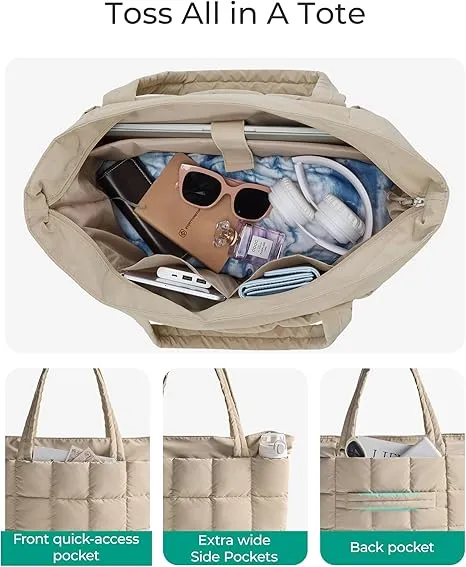 BAGSMART Expandable Tote Bag for Women, Zippered Puffer Design with Water-Resistant Quilted, Nurse and Carry-On Travel Bag, Desert
