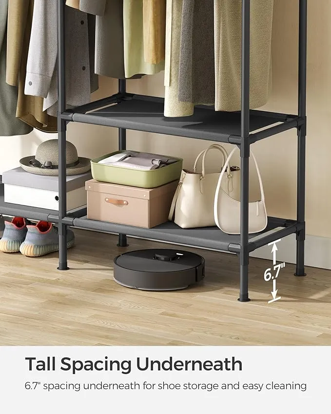 SONGMICS Heavy Duty Clothes Rack, 65 Inch Freestanding Portable Wardrobe with Hanging Rails and Shelves, Total Load 242 lb, Easy Assembly, for Cloakroom, Bedroom, Black URDR201B02