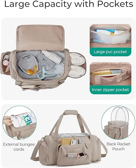 BAGSMART 4-IN-1 Gym Bag for Women, TSA Lightweight Duffle Bag for Travel with Shoe Compartment & Wet Pocket, 30L Carry On Weekender Bags for Women,Water Resistant Travel Duffel Backpack,Camel