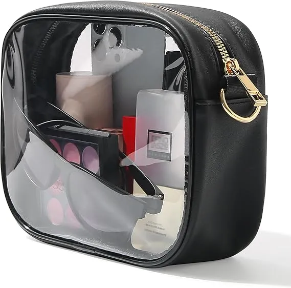TOBVZOO Clear Purse Crossbody Bag for Women Stadium Approved, Small Leather Clear Bag with Adjustable Strap for Concert Sports Events (Black)