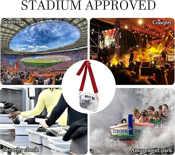 TOBVZOO Clear Purse Crossbody Bag for Women Stadium Approved, Small Leather Clear Bag with Adjustable Strap for Concert Sports Events (White - Red Striped Strap)
