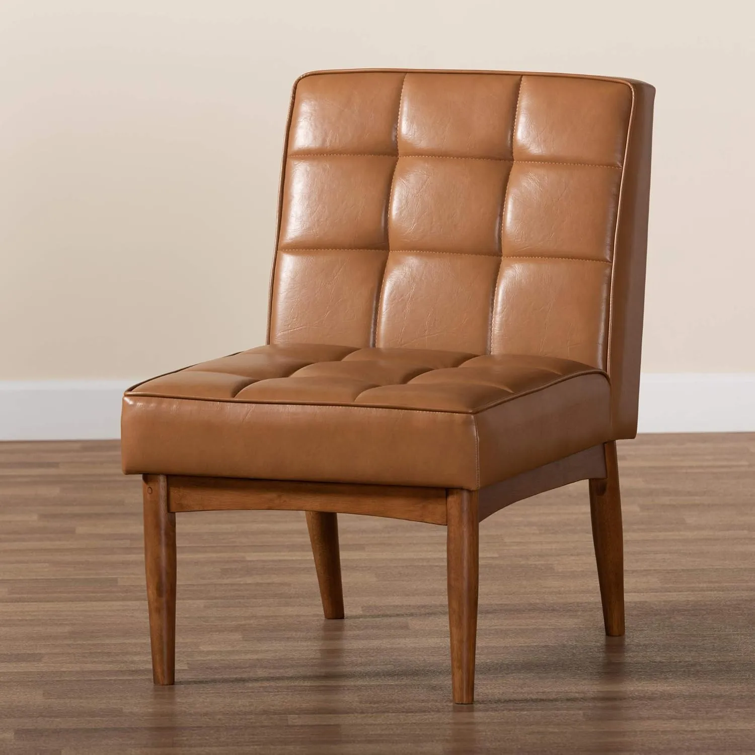 Baxton Studio Sanford Dining Chair Tan Faux Leather Upholstered and Walnut Brown Finished Wood Dining Chair
