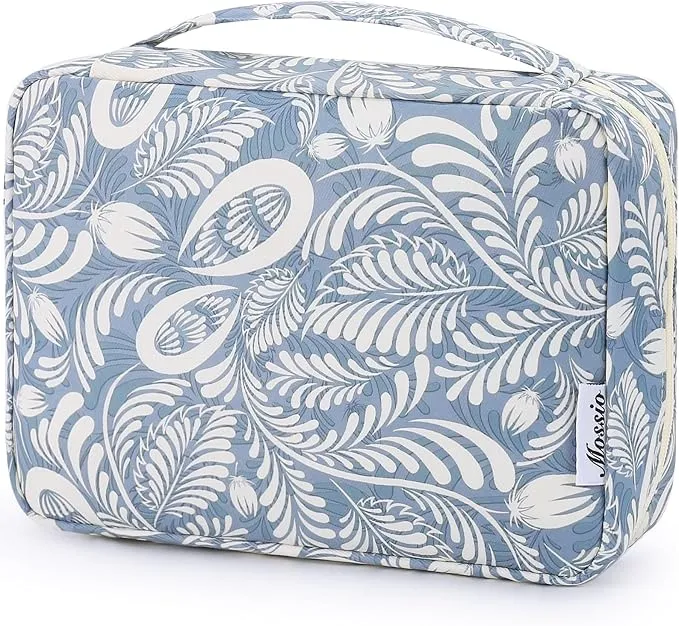 Mossio Hanging Toiletry Bag with Sturdy Hook - Large Portable Cosmetic Makeup Travel Organizer for Men & Women Blue Leaf
