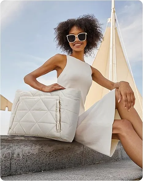 BAGSMART Tote Bag for Women, Puffy Tote Bag with Zipper, Large Quilted Shoulder Bag with Compartments for Travel, Work, Gym (Beige)