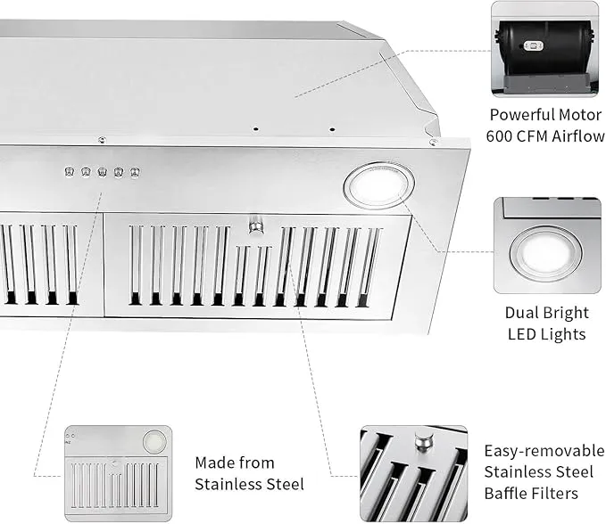 Zomagas Range Hood Insert 30 inch,Stainless Steel Kitchen Vent Hood 600CFM,Built-in Kitchen Stove Hood w/Front Button Controls and Front LED Lights,Baffle Filters,Ducted/ductless Convertible 