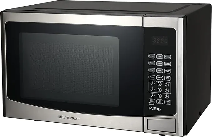 Emerson MWI1212SS Countertop Microwave Oven with Inverter and Button Control, LED Display 1000W 10 Power Levels, 8 Auto Menus, Glass Turntable and Child Safe Lock, 1.2 Cu. Ft, Stainless Steel
