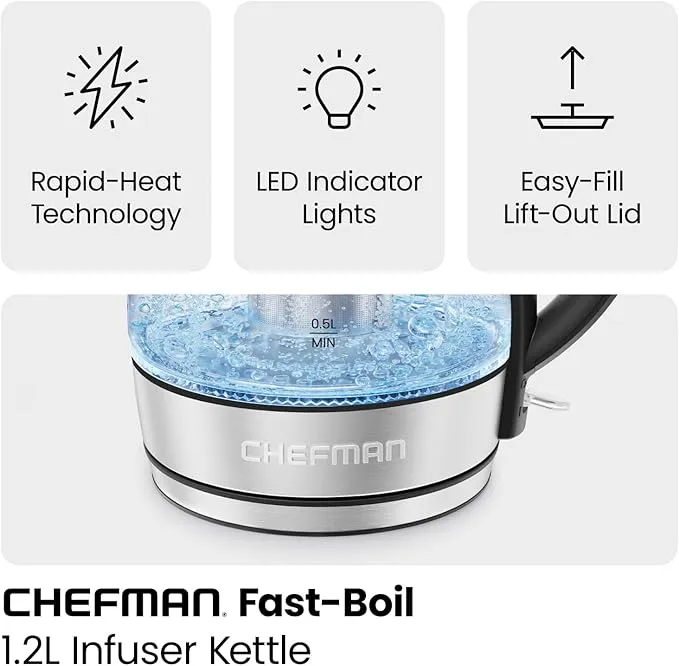 CHEFMAN Electric Kettle - 1.2L 1500W Hot Water Tea Pot with Infuser, BPA Free, Auto Shut Off, Boil-Dry Protection, Removable Lid, LED Light, Cordless Glass Electric Tea Kettle – Stainless Ste
