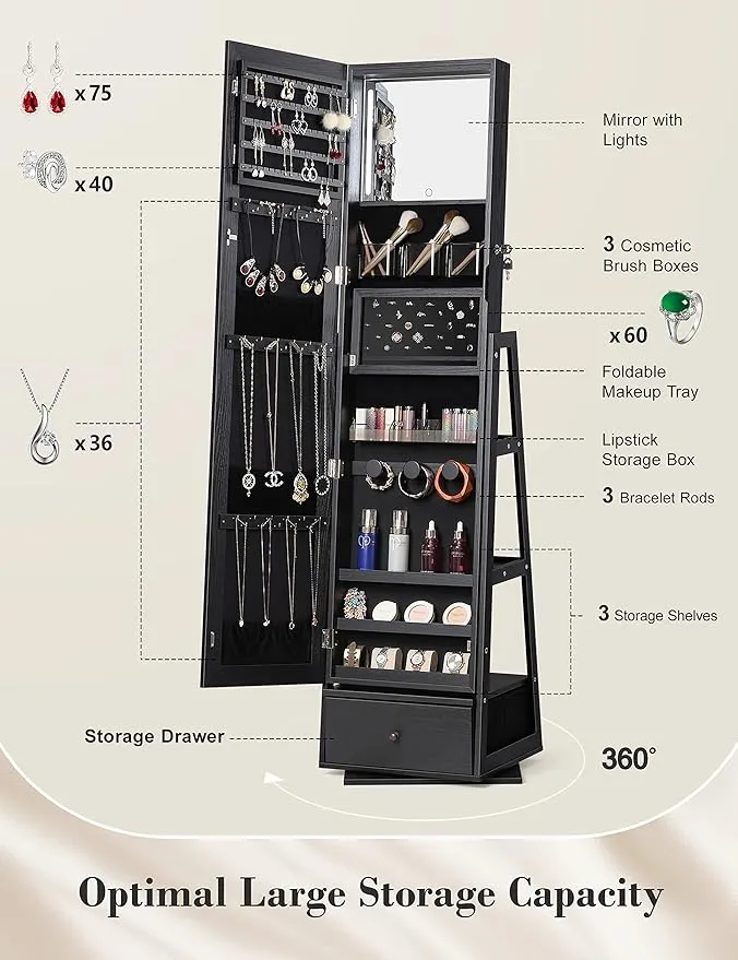 Nicetree 360° Swivel Jewelry Cabinet with Lights, Touch Screen Vanity Mirror, Rotatable Full Length Mirror with Jewelry Storage, Standing Jewelry Armoire Organizer, Foldable Makeup Shelf, Bla