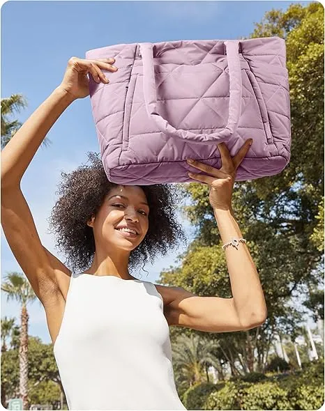 BAGSMART Tote Bag for Women, Puffy Tote Bag with Zipper, Large Quilted Shoulder Bag with Compartments for Travel, Work, Gym (Purple)
