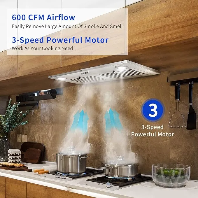 Zomagas Range Hood Insert 30 inch,Stainless Steel Kitchen Vent Hood 600CFM,Built-in Kitchen Stove Hood w/Front Button Controls and Front LED Lights,Baffle Filters,Ducted/ductless Convertible 