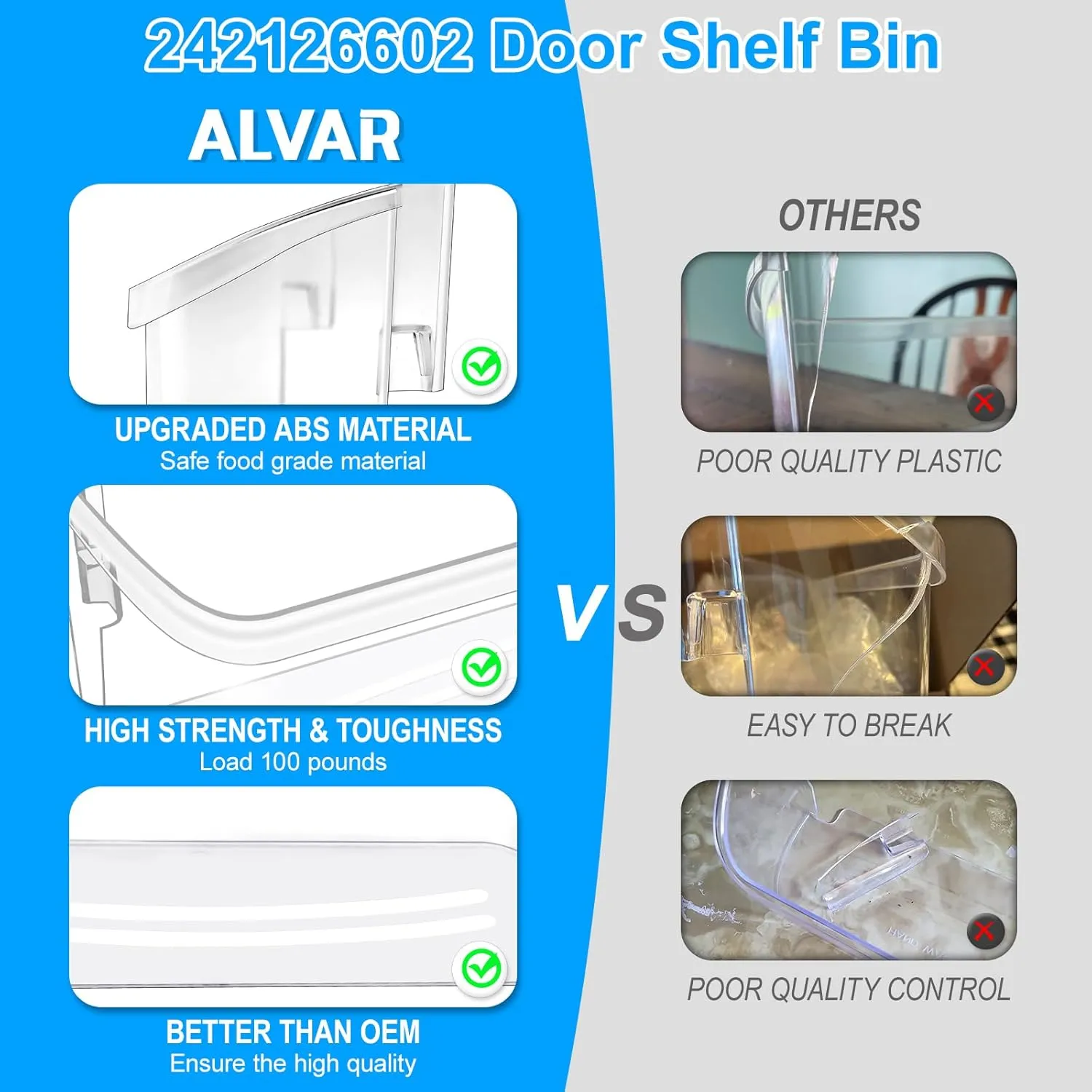 UPGRADED 242126602 Refrigerator Door Bin Shelf Replacement For Frigidaire Shelf Replacement - Side Shelf Rack Parts LFSS2612TF4 Frigidaire Door Bin AP6278233 PS12364199, Fit Bottom Replacemen