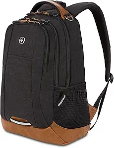 SwissGear 5505 Cecil 16” Laptop Backpack Black Canvas/Brown – Daily Laptop Bag with Gear Attachment Options – Multiple Organizer Pockets & Padded Shoulder Straps