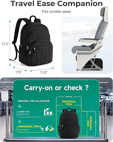 BAGSMART College Laptop Backpack, Travel Backpack for Women, Quilted Casual Daypack, Water-Resistant Bookbag for 15.6 Inch Laptop, Black