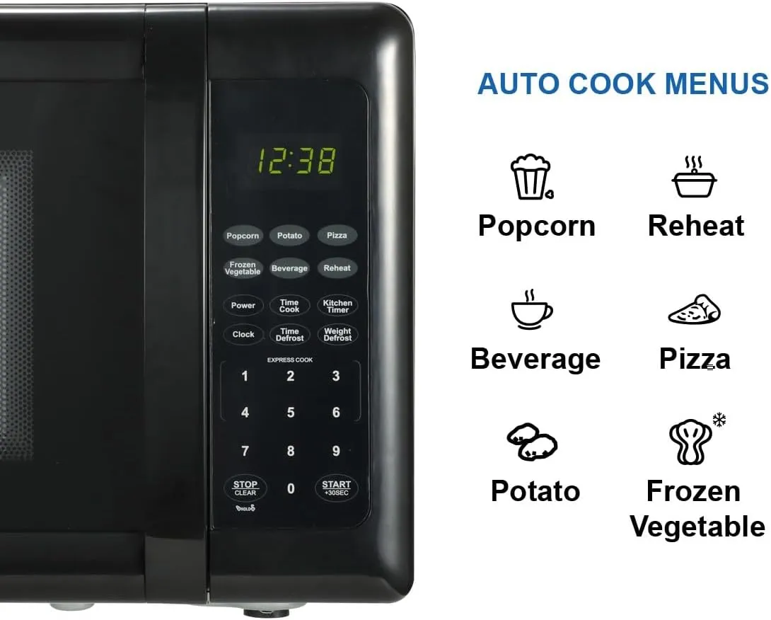 Emerson MW7302B Compact Countertop Microwave Oven with Touch Control, LED Display, 700W, 10 Power Levels, 6 Auto Menus, Glass Turntable and Child Safe Lock, 0.7 Cu., Ft. Black