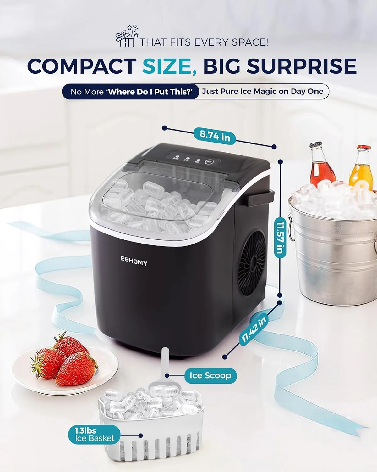 EUHOMY Countertop Ice Maker Machine with Handle, 26lbs in 24Hrs, 9 Ice Cubes Ready in 6 Mins, Auto-Cleaning Portable Ice Maker with Basket and Scoop, for Home/Kitchen/Camping/RV. (Black)