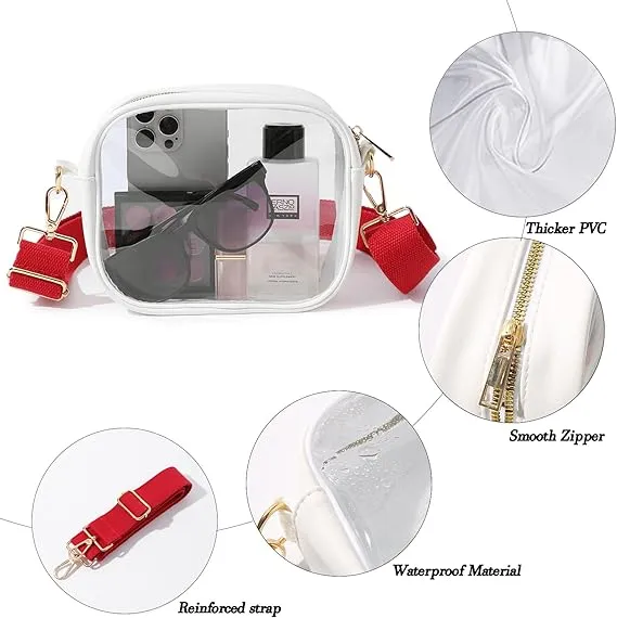 TOBVZOO Clear Purse Crossbody Bag for Women Stadium Approved, Small Leather Clear Bag with Adjustable Strap for Concert Sports Events (White - Red Striped Strap)