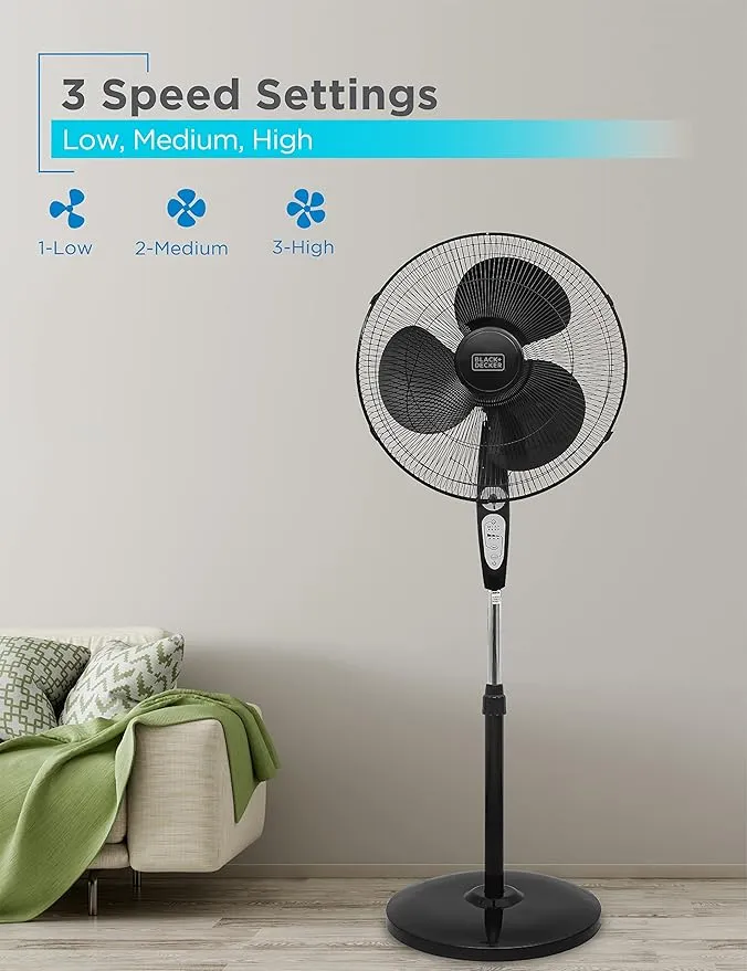 BLACK+DECKER 18-Inch Stand Fan with Pedestal Base, Height Adjustable Pedestal Fan with Remote and Touch Control Panel, Free Standing Fan with 90-Degree Oscillating and 3-Speed Settings, Black