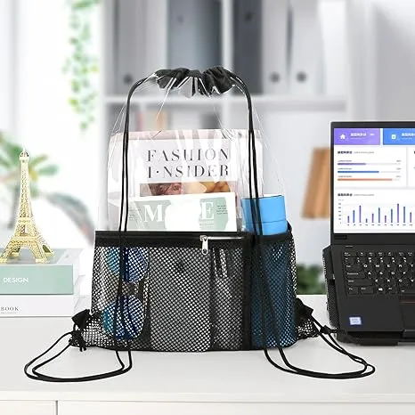 2 PACK Clear Drawstring Bag Stadium Approved, See Through Transparent PVC Drawstring Backpack, Clear Bag for for Concert Sport Festival Travel Work (Black)