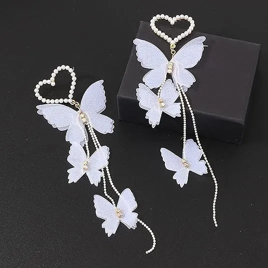 White Butterfly Beaded Heart Earrings for Women Dangle Drop Earrings Cute Earring