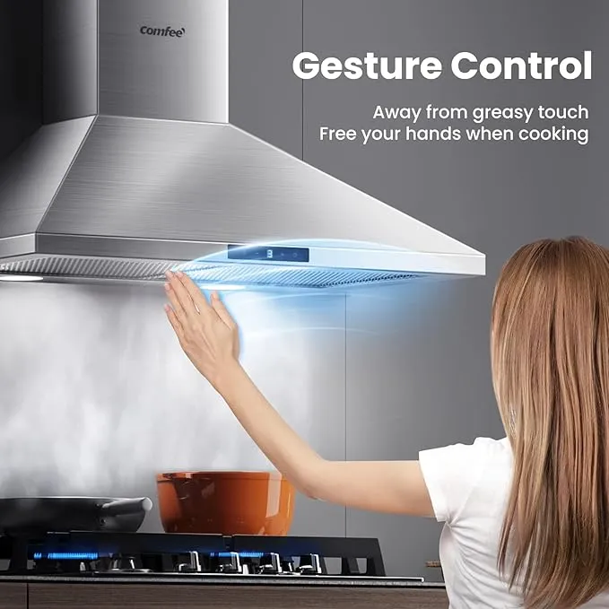 COMFEE' CVP30W7AST 30 Inch 450 CFM 3 Speed Gesture Sensing &Touch Control Panel Stainless Steel Wall Mount Ductless/Ducted Convertible Vent Baffle Filters and 2 LED Lights Range Hood
