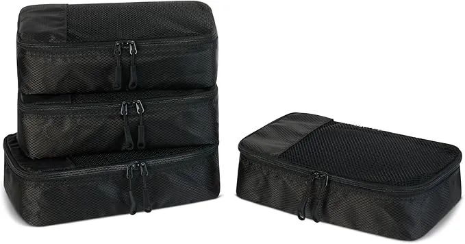 Amazon Essentials 4-Piece Packing Cubes Travel Accessories Set, Luggage Organizer with Double Zipper, Mesh Top, 100% Polyester, Small, Black (Previously Amazon Basics)