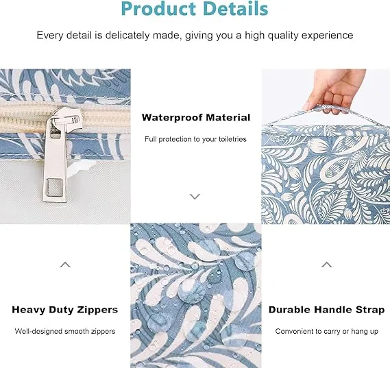 Mossio Hanging Toiletry Bag with Sturdy Hook - Large Portable Cosmetic Makeup Travel Organizer for Men & Women Blue Leaf