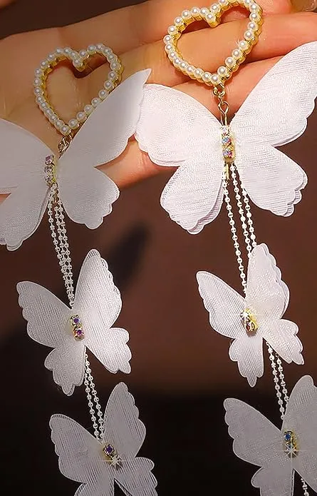 White Butterfly Beaded Heart Earrings for Women Dangle Drop Earrings Cute Earring