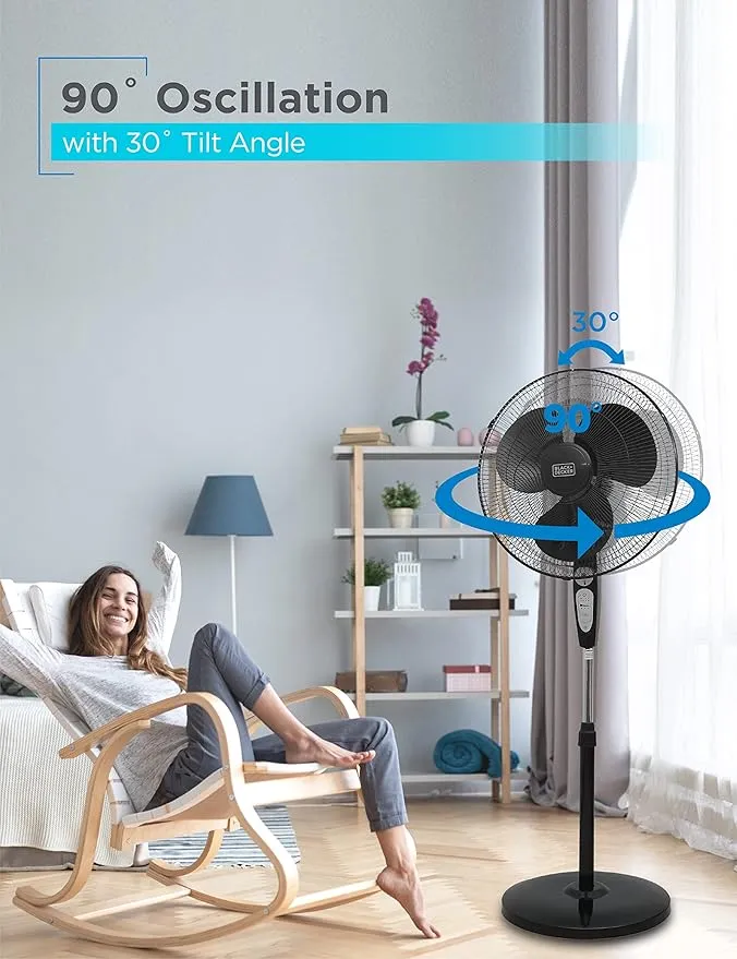 BLACK+DECKER 18-Inch Stand Fan with Pedestal Base, Height Adjustable Pedestal Fan with Remote and Touch Control Panel, Free Standing Fan with 90-Degree Oscillating and 3-Speed Settings, Black