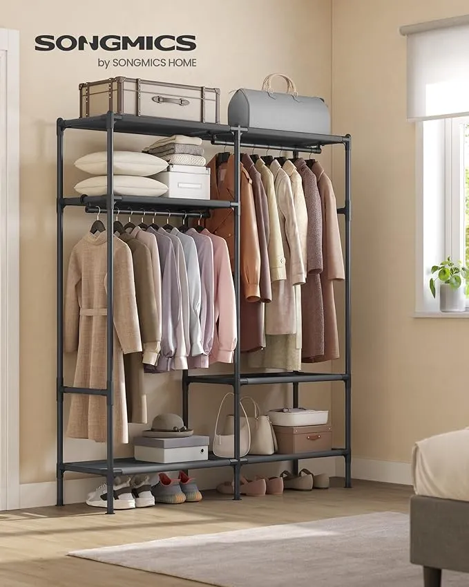 SONGMICS Heavy Duty Clothes Rack, 65 Inch Freestanding Portable Wardrobe with Hanging Rails and Shelves, Total Load 242 lb, Easy Assembly, for Cloakroom, Bedroom, Black URDR201B02