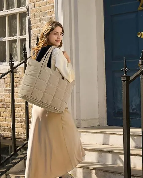 BAGSMART Expandable Tote Bag for Women, Zippered Puffer Design with Water-Resistant Quilted, Nurse and Carry-On Travel Bag, Desert