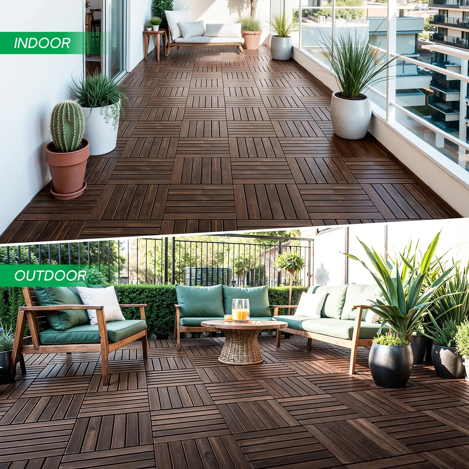 Idzo Interlocking Deck Tiles - 10PCS Waterproof Acacia Wood Patio Tiles, Flooring Tiles for Both Indoor and Outdoor - Decking Stripe Pattern, Dark Brown, 12 x 12 x 0.9 inches