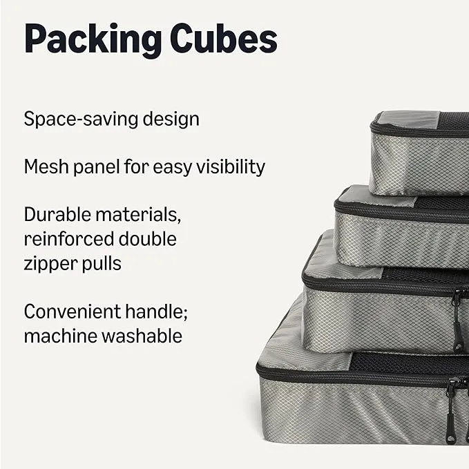 Amazon Essentials 4-Piece Packing Cubes Travel Accessories Set, Luggage Organizer with Double Zipper, Mesh Top, 100% Polyester, Small/Medium/Large/Slim, Gray (Previously Amazon Basics)