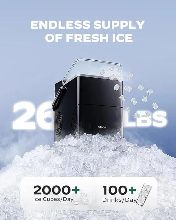 Silonn Countertop Ice Maker with Expanding Ice Basket, 9 Cubes in 6 Mins, 2.5L Ice Basket, Self-Cleaning Ice Maker with LED Touch Control, 2 Bullet Ice Sizes for Home, Kitchen, Office