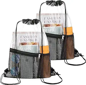 2 PACK Clear Drawstring Bag Stadium Approved, See Through Transparent PVC Drawstring Backpack, Clear Bag for for Concert Sport Festival Travel Work (Black)