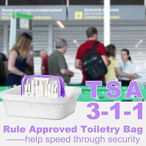 PLULON 2 Pack Clear Travel Toiletry Bag, TSA Approved Toiletry Bag Clear Makeup Bag Quart Size Portable Cosmetic Bags Carry on Travel Accessories Bag for Women Men - Purple