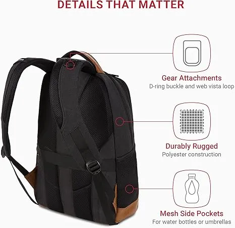 SwissGear 5505 Cecil 16” Laptop Backpack Black Canvas/Brown – Daily Laptop Bag with Gear Attachment Options – Multiple Organizer Pockets & Padded Shoulder Straps