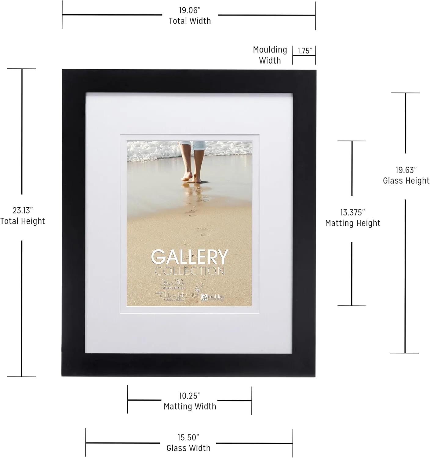 Malden 16x20 Matted Picture Frame - Made to Display Pictures 11x14 with Mat, or 16x20 without Mat -Black