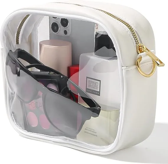 TOBVZOO Clear Purse Crossbody Bag for Women Stadium Approved, Small Leather Clear Bag with Adjustable Strap for Concert Sports Events (White - Red Striped Strap)