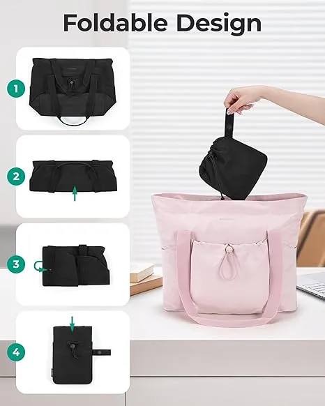 BAGSMART Women Foldable Tote Bag with Drawstring Storage Bag, Large Tote Bag Shoulder Bag Top Handle Handbag for Travel, Work, Beach, Gym, Shop, (Black)