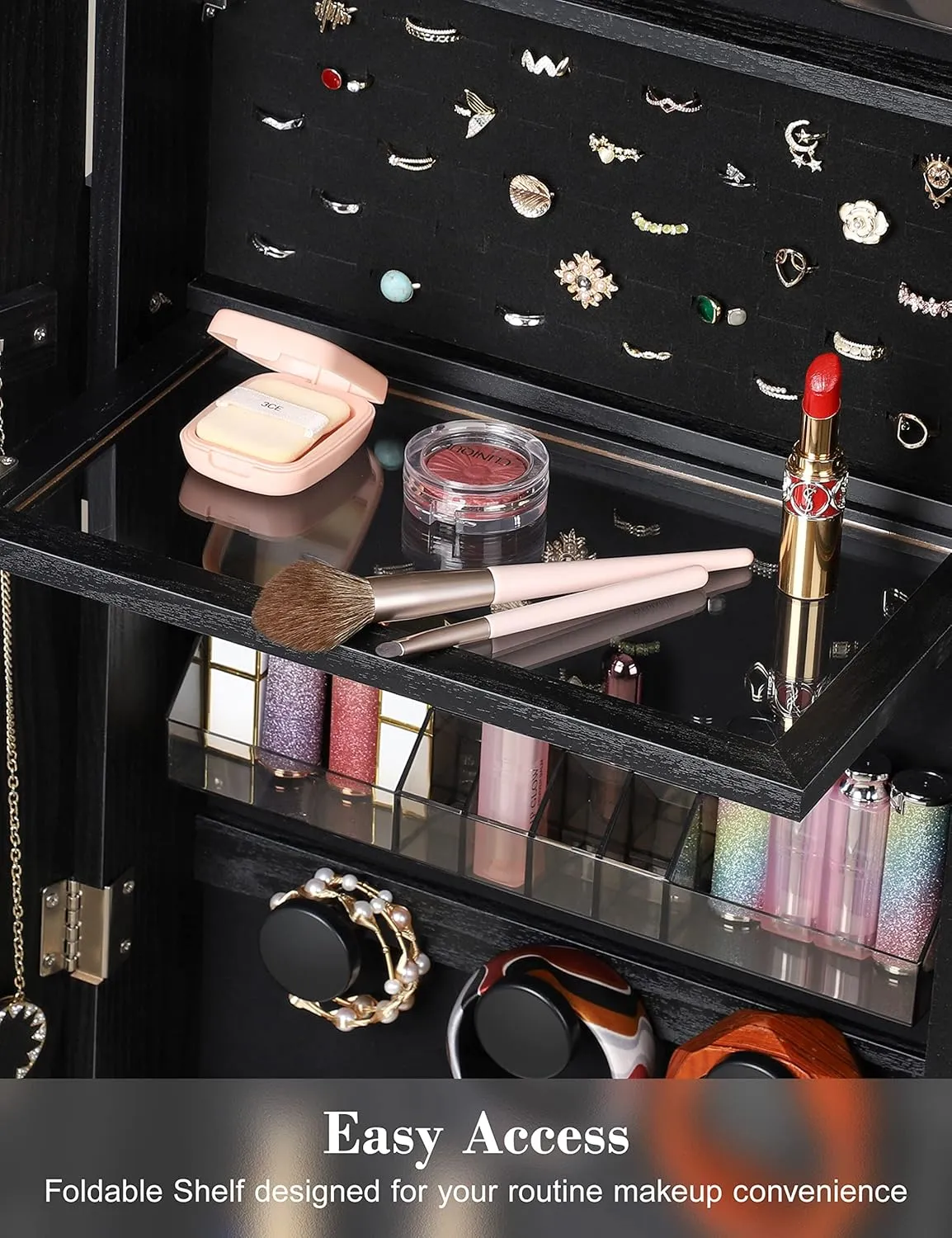 Nicetree 360° Swivel Jewelry Cabinet with Lights, Touch Screen Vanity Mirror, Rotatable Full Length Mirror with Jewelry Storage, Standing Jewelry Armoire Organizer, Foldable Makeup Shelf, Bla