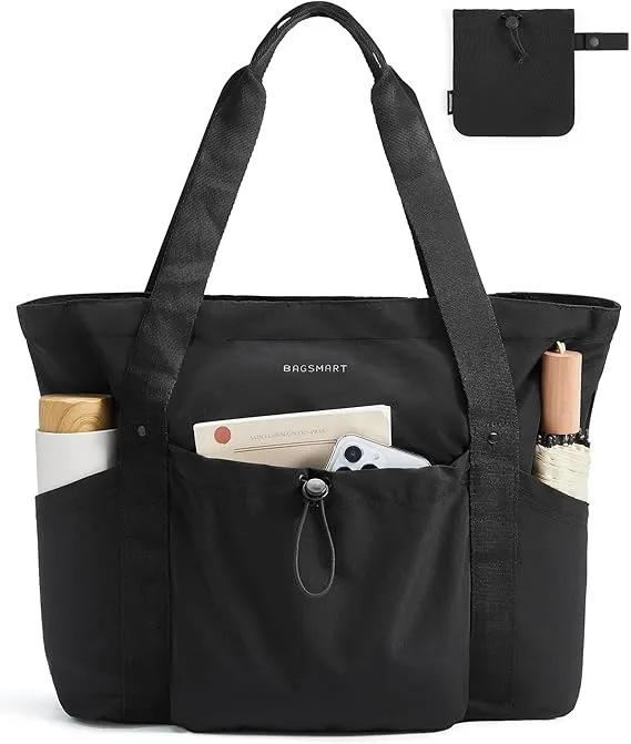 BAGSMART Women Foldable Tote Bag with Drawstring Storage Bag, Large Tote Bag Shoulder Bag Top Handle Handbag for Travel, Work, Beach, Gym, Shop, (Black)