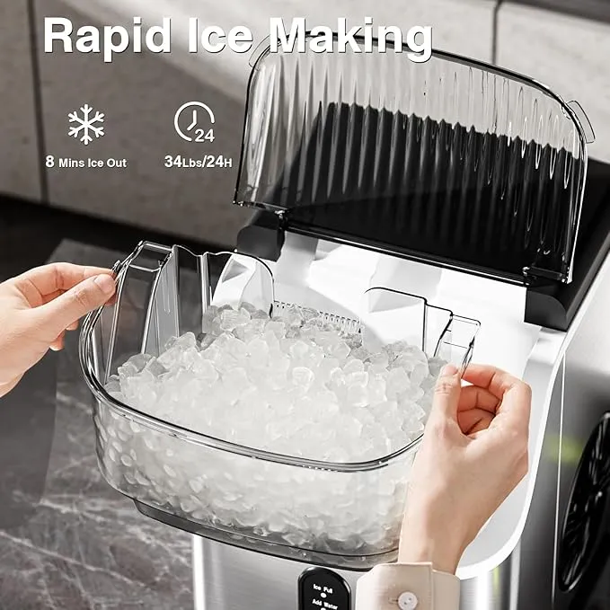 Antarctic Star Nugget Ice Makers Countertop, Pebble Ice Machine with Chewable Pellet Ice, 34Lbs/24H, Self-Cleaning, Sonic Ice, One-Click Operation, for Kitchen,Office Stainless Steel Silver