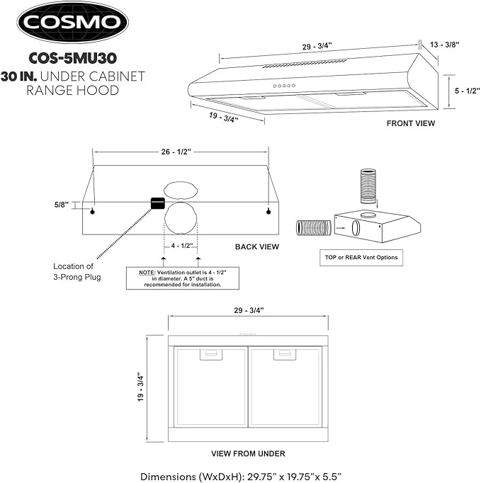 COSMO COS-5MU30 30 in. Delta Collection Ducted Under Cabinet Range Hood, Button Controls, Reusable Filters, LED Lights, Stainless Steel