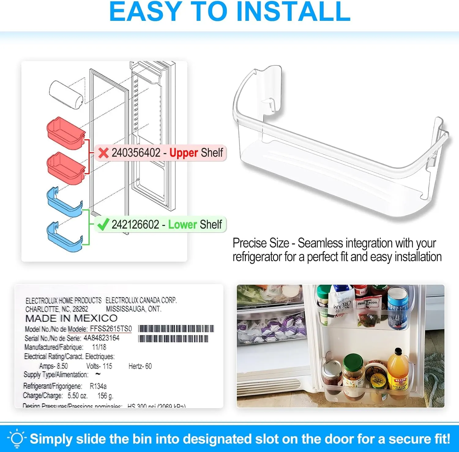 UPGRADED 242126602 Refrigerator Door Bin Shelf Replacement For Frigidaire Shelf Replacement - Side Shelf Rack Parts LFSS2612TF4 Frigidaire Door Bin AP6278233 PS12364199, Fit Bottom Replacemen