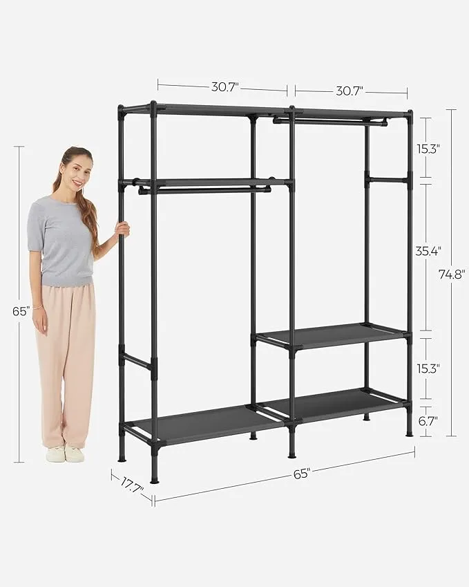 SONGMICS Heavy Duty Clothes Rack, 65 Inch Freestanding Portable Wardrobe with Hanging Rails and Shelves, Total Load 242 lb, Easy Assembly, for Cloakroom, Bedroom, Black URDR201B02