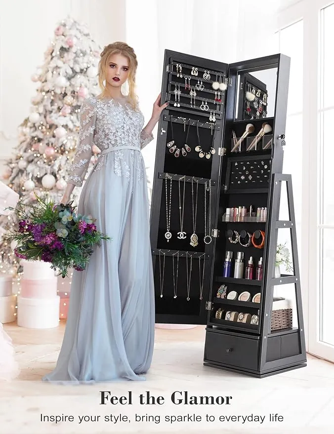 Nicetree 360° Swivel Jewelry Cabinet with Lights, Touch Screen Vanity Mirror, Rotatable Full Length Mirror with Jewelry Storage, Standing Jewelry Armoire Organizer, Foldable Makeup Shelf, Bla