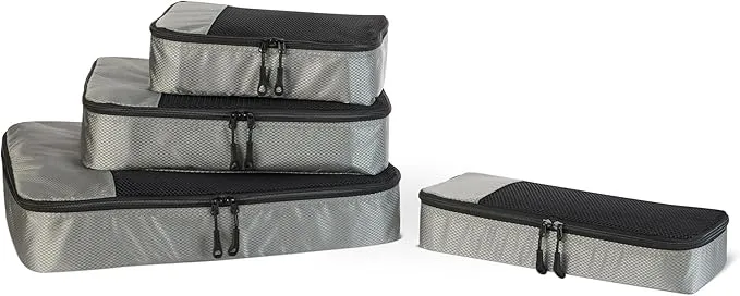 Amazon Essentials 4-Piece Packing Cubes Travel Accessories Set, Luggage Organizer with Double Zipper, Mesh Top, 100% Polyester, Small/Medium/Large/Slim, Gray (Previously Amazon Basics)